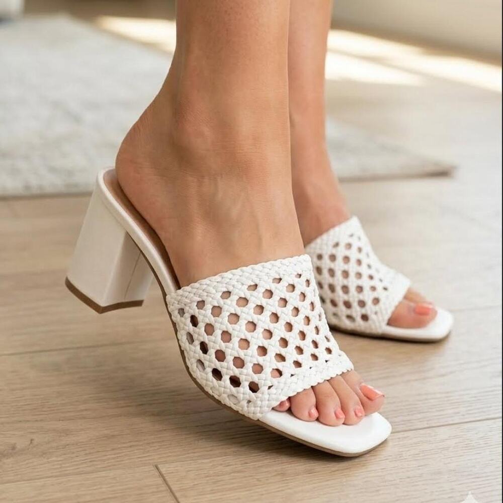 White woven block heel sandals